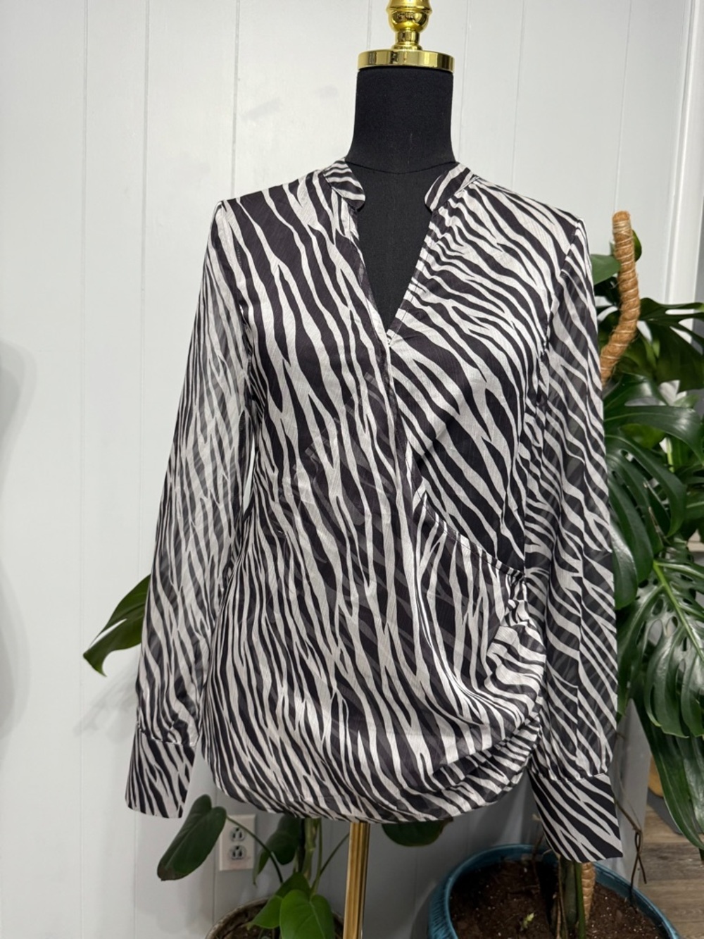 #15)  Oyrosy Zebra-Print Wrap  Sheer Blouse - Black/White